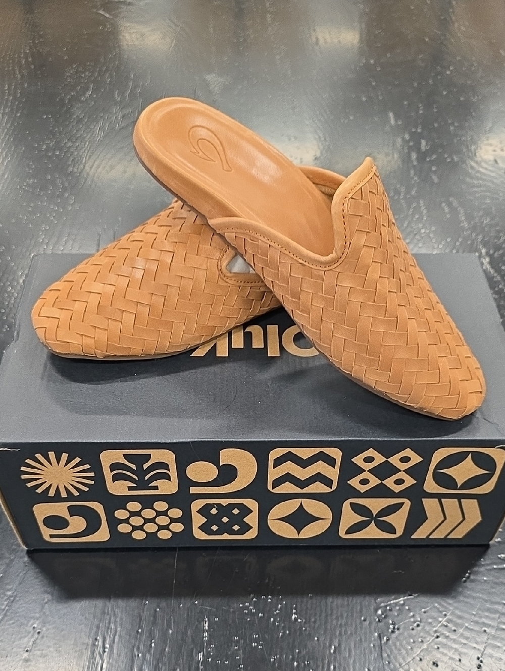 OluKai Tan Woven Leather Mules